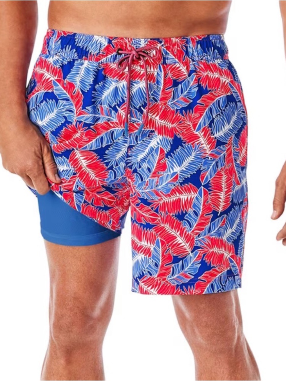 NWOT Men's Red & Blue Leaf-Print Swim Hybrids with Built-In Liner